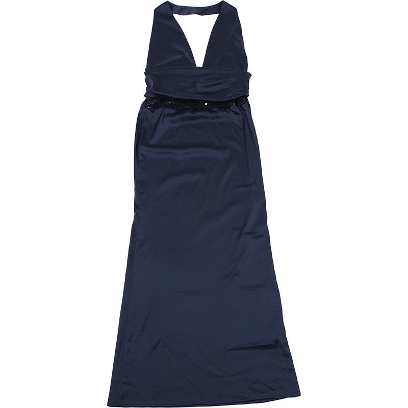 Satin Maxi Dress with Pleats, Open Back, and Sequin Decoration - EDEN