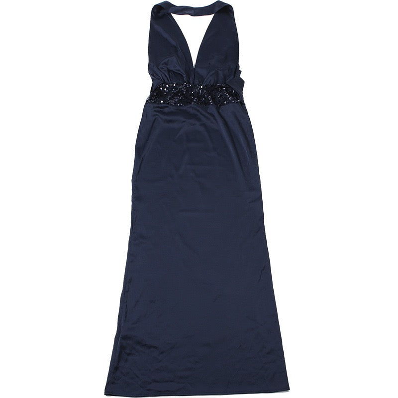 Satin Maxi Dress with Pleats, Open Back, and Sequin Decoration - EDEN