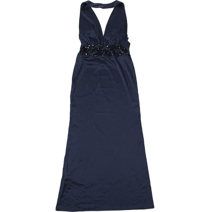 Satin Maxi Dress with Pleats, Open Back, and Sequin Decoration - EDEN