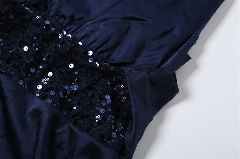 Satin Maxi Dress with Pleats, Open Back, and Sequin Decoration - EDEN