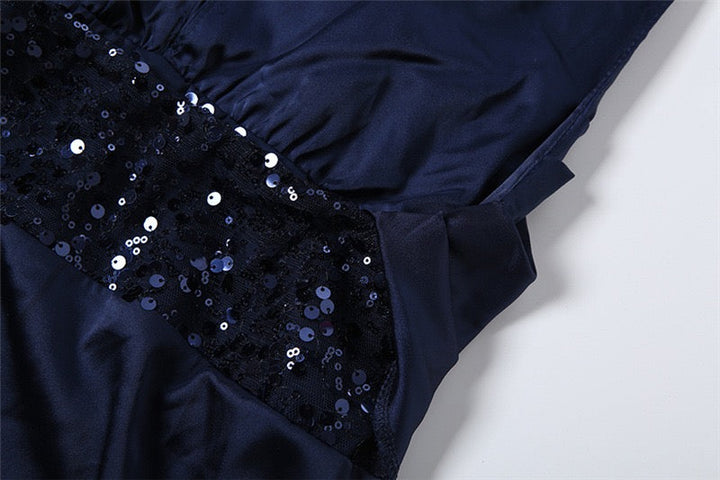 Satin Maxi Dress with Pleats, Open Back, and Sequin Decoration - EDEN