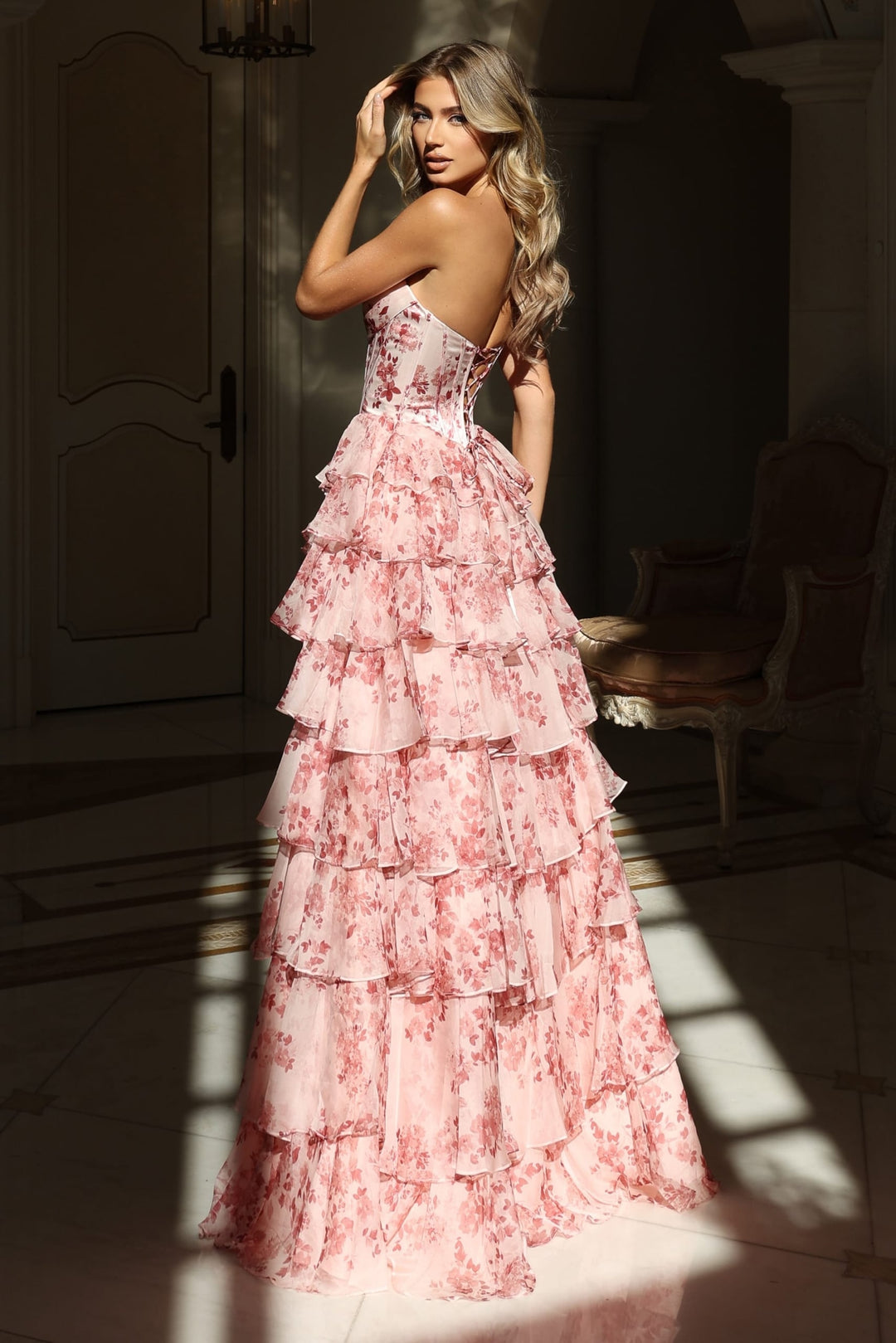 SHERY strapless ruffle maxi dress with a corset design, back tie, waist-cinching fit, and slit
