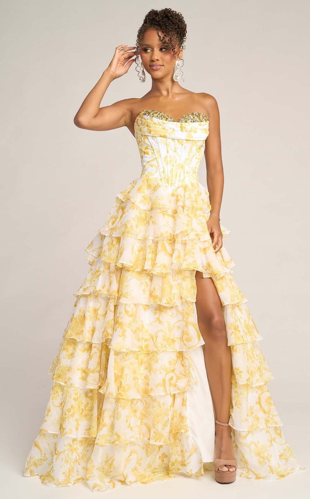 SHERY strapless ruffle maxi dress with a corset design, back tie, waist-cinching fit, and slit