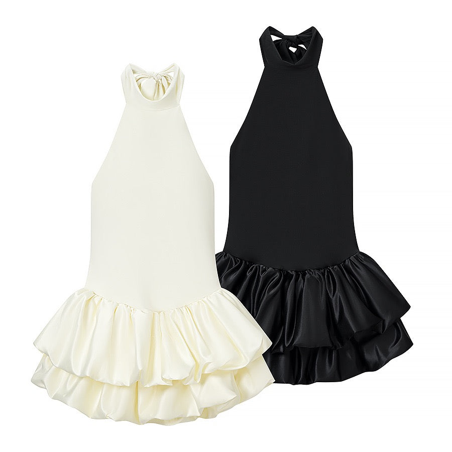Tiered balloon mini dress with a turtleneck, neck ties, and an open back – DASSY