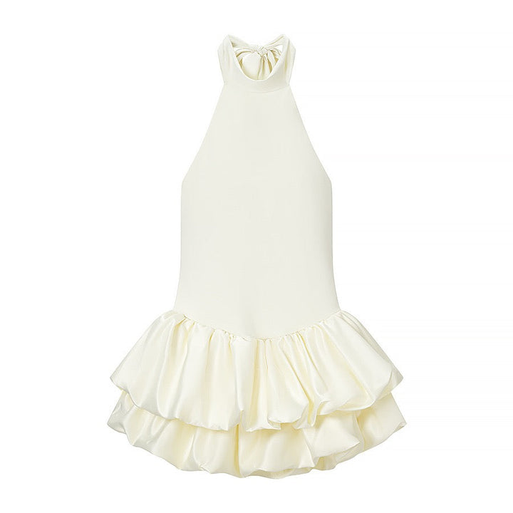 Tiered balloon mini dress with a turtleneck, neck ties, and an open back – DASSY