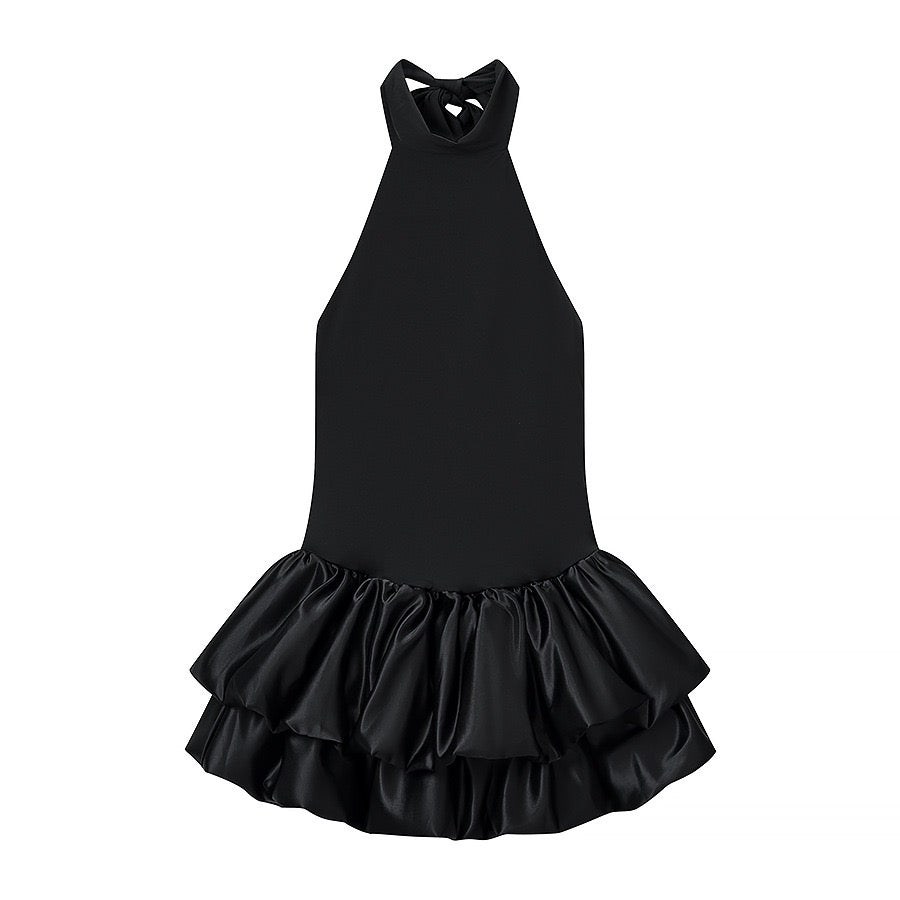 Tiered balloon mini dress with a turtleneck, neck ties, and an open back – DASSY