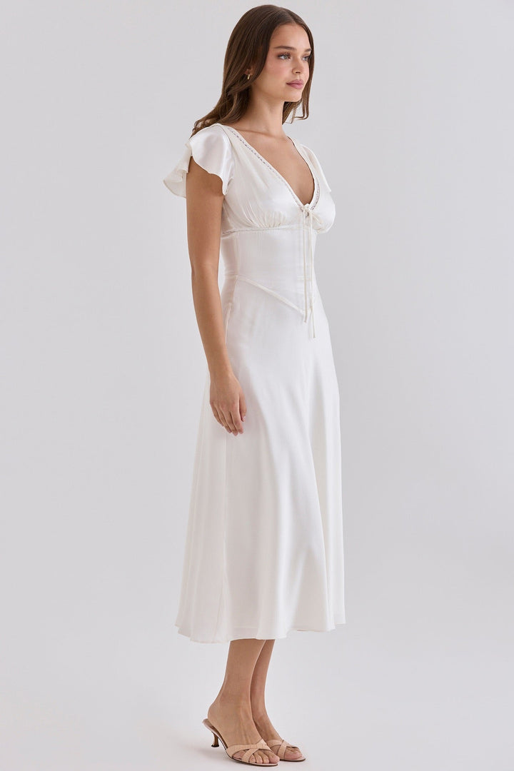 VERDELI satin babydoll midi dress with lace trim