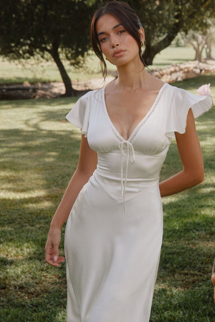 VERDELI satin babydoll midi dress with lace trim