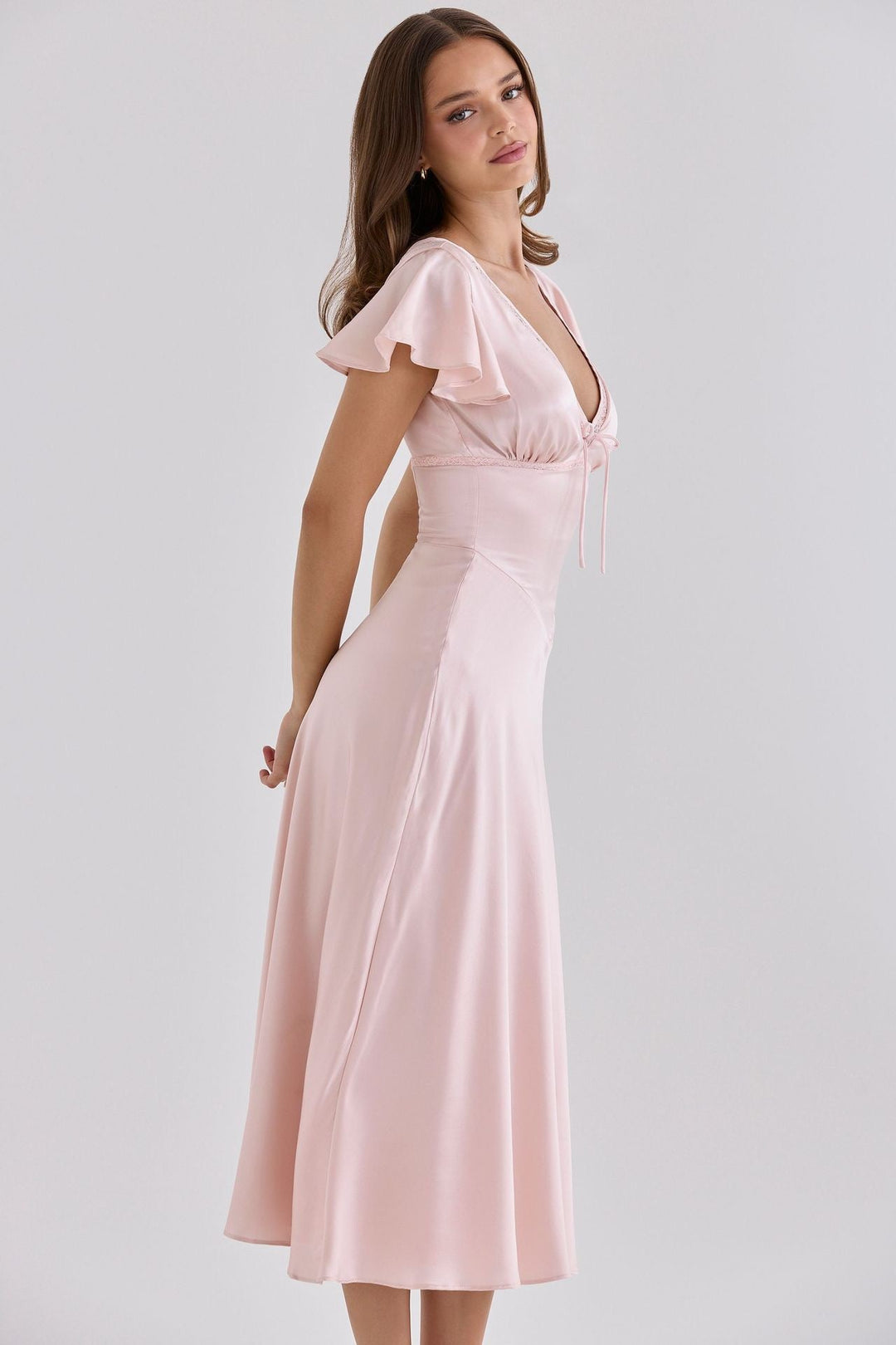 VERDELI satin babydoll midi dress with lace trim