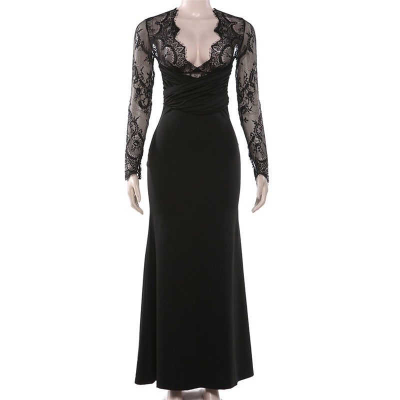 Shaping Fabric Maxi Dress with Lace Design - Iron