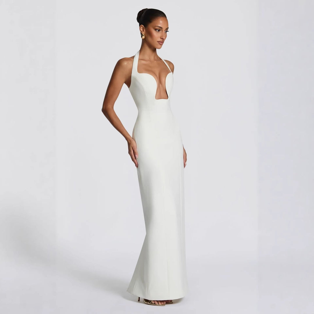 Elegant maxi dress with neck ties and an open back – LAMORIN