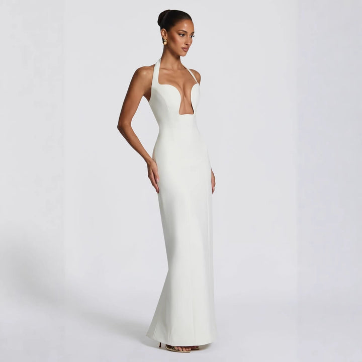Elegant maxi dress with neck ties and an open back – LAMORIN