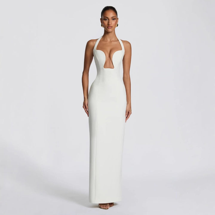 Elegant maxi dress with neck ties and an open back – LAMORIN