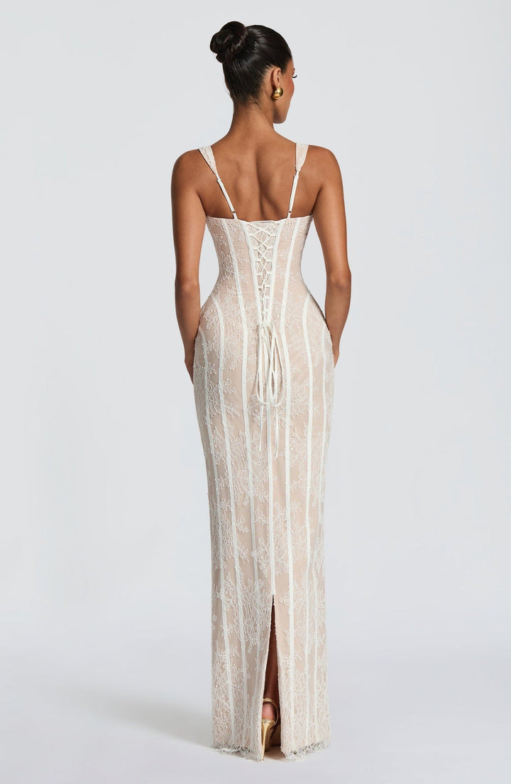TERNA lace maxi dress with a back tie and waist-cinching design