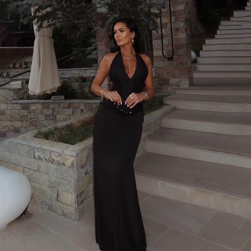 Maxi dress with lace decoration, tie at the nape, open back - ANEN