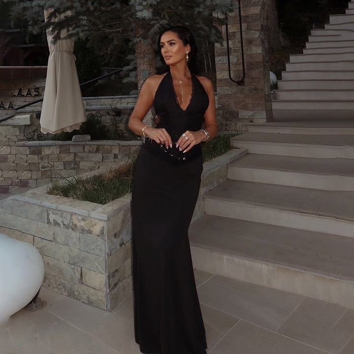 Maxi dress with lace decoration, tie at the nape, open back - ANEN