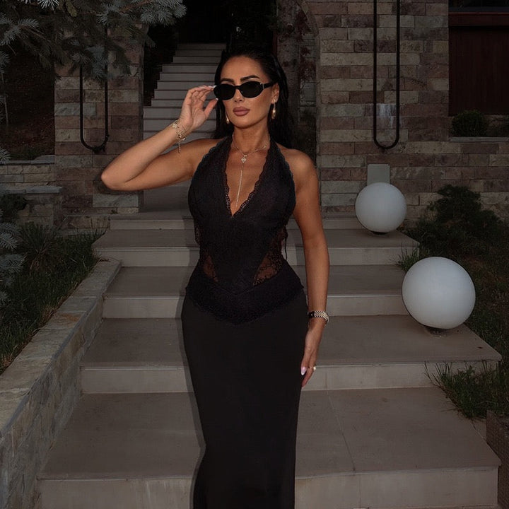 Maxi dress with lace decoration, tie at the nape, open back - ANEN