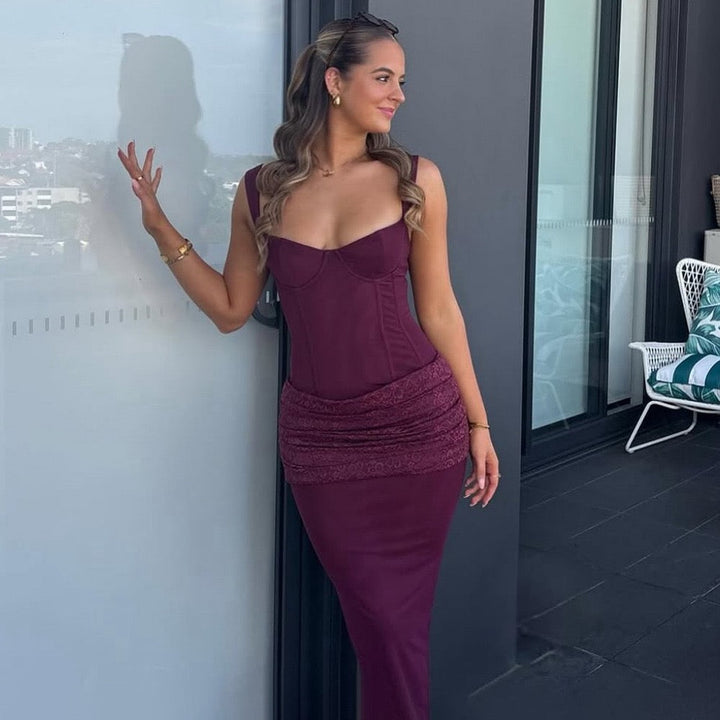 Fitted Maxi Dress in Shaping Fabric with Pleated Lace Design - BAR