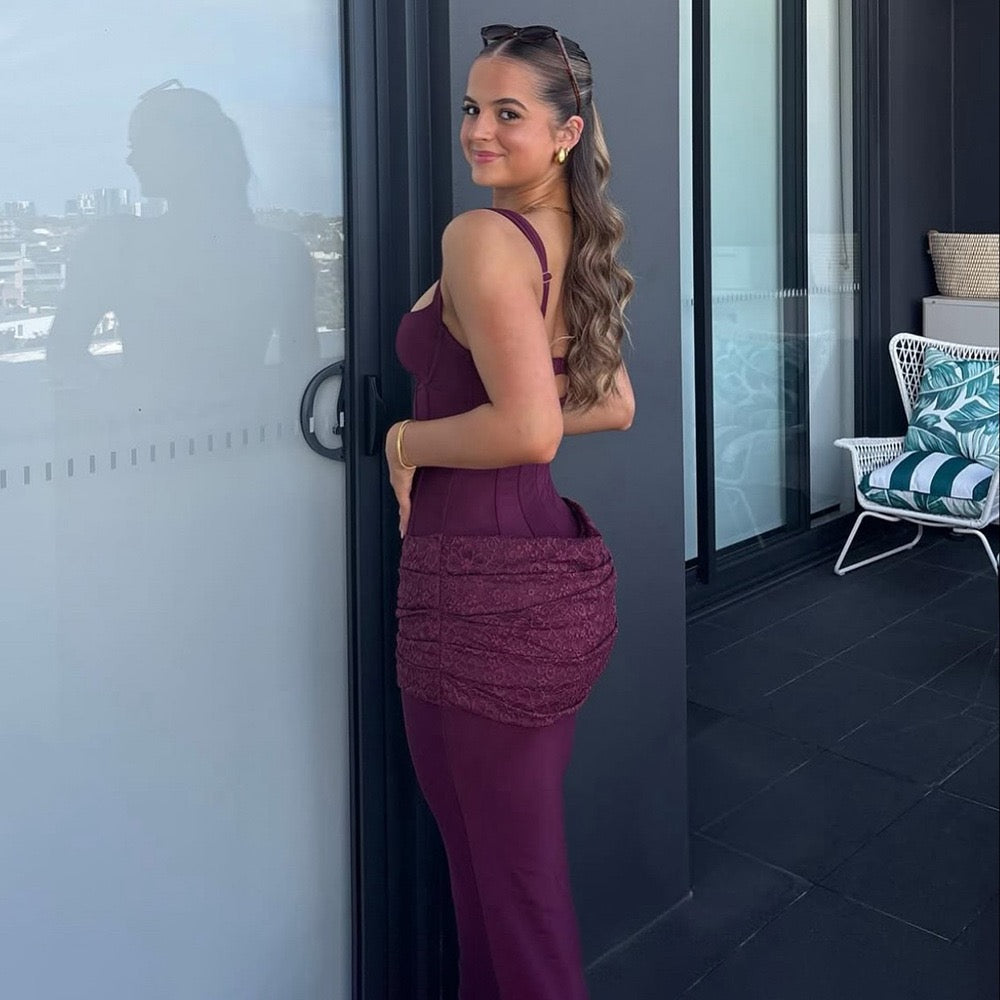Fitted Maxi Dress in Shaping Fabric with Pleated Lace Design - BAR