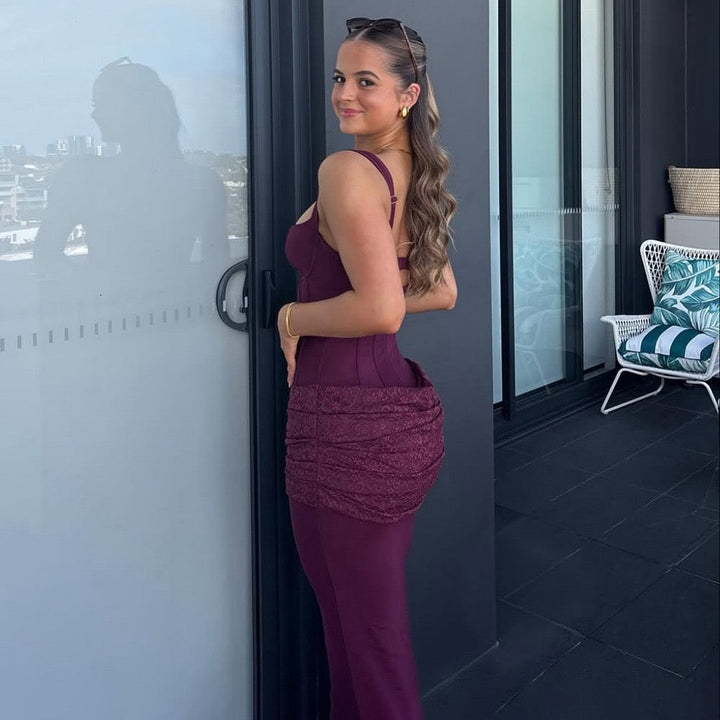 Fitted Maxi Dress in Shaping Fabric with Pleated Lace Design - BAR