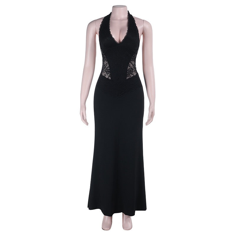 Maxi dress with lace decoration, tie at the nape, open back - ANEN