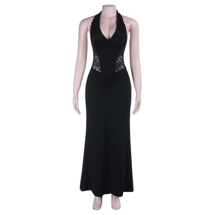 Maxi dress with lace decoration, tie at the nape, open back - ANEN