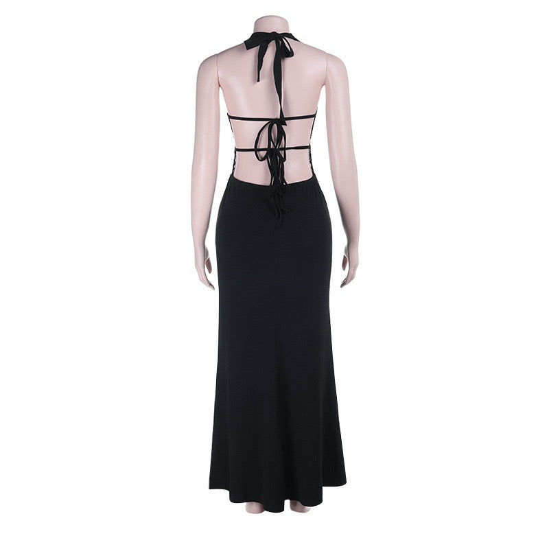 Maxi dress with lace decoration, tie at the nape, open back - ANEN