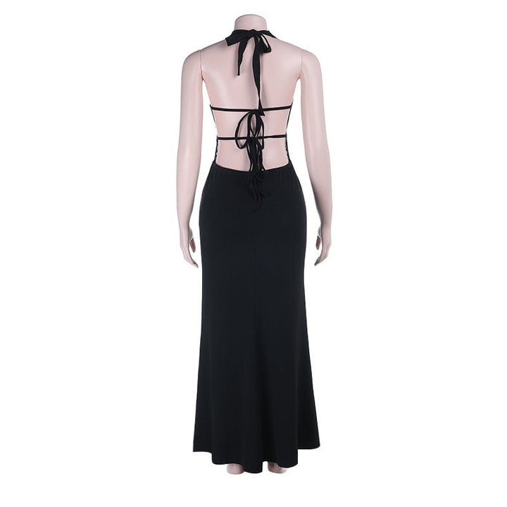 Maxi dress with lace decoration, tie at the nape, open back - ANEN
