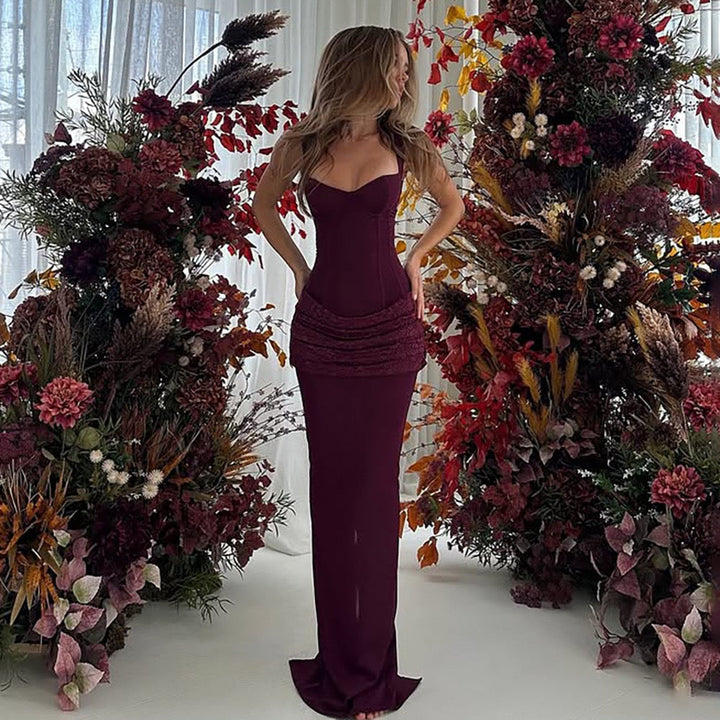 Fitted Maxi Dress in Shaping Fabric with Pleated Lace Design - BAR