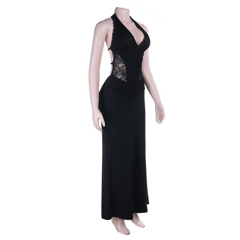 Maxi dress with lace decoration, tie at the nape, open back - ANEN