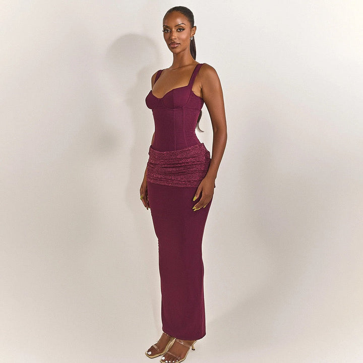 Fitted Maxi Dress in Shaping Fabric with Pleated Lace Design - BAR