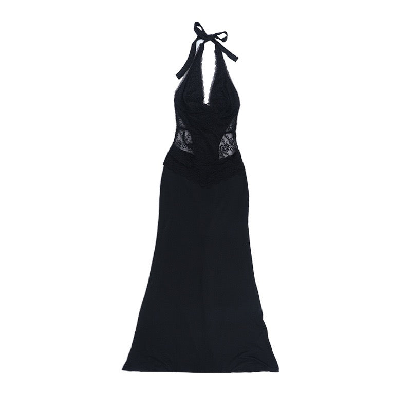 Maxi dress with lace decoration, tie at the nape, open back - ANEN