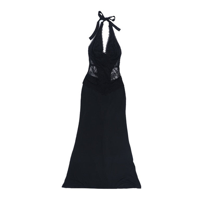 Maxi dress with lace decoration, tie at the nape, open back - ANEN