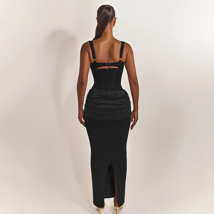Fitted Maxi Dress in Shaping Fabric with Pleated Lace Design - BAR