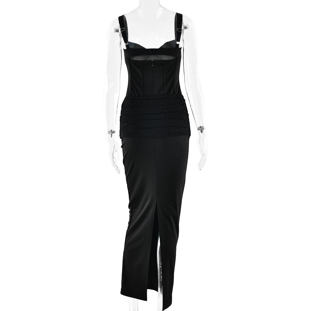 Fitted Maxi Dress in Shaping Fabric with Pleated Lace Design - BAR