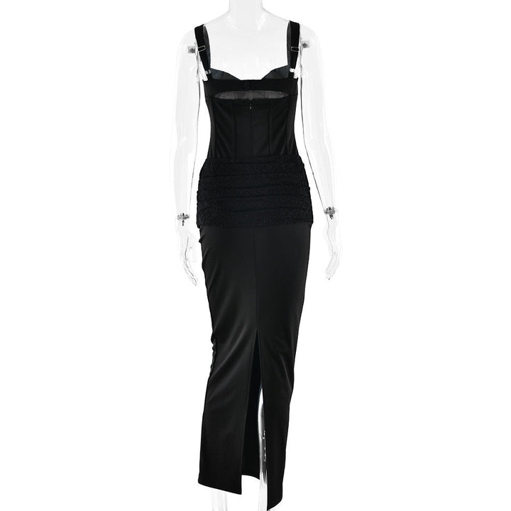 Fitted Maxi Dress in Shaping Fabric with Pleated Lace Design - BAR