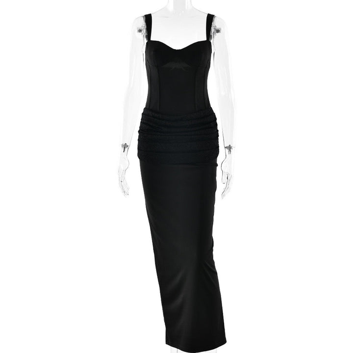 Fitted Maxi Dress in Shaping Fabric with Pleated Lace Design - BAR