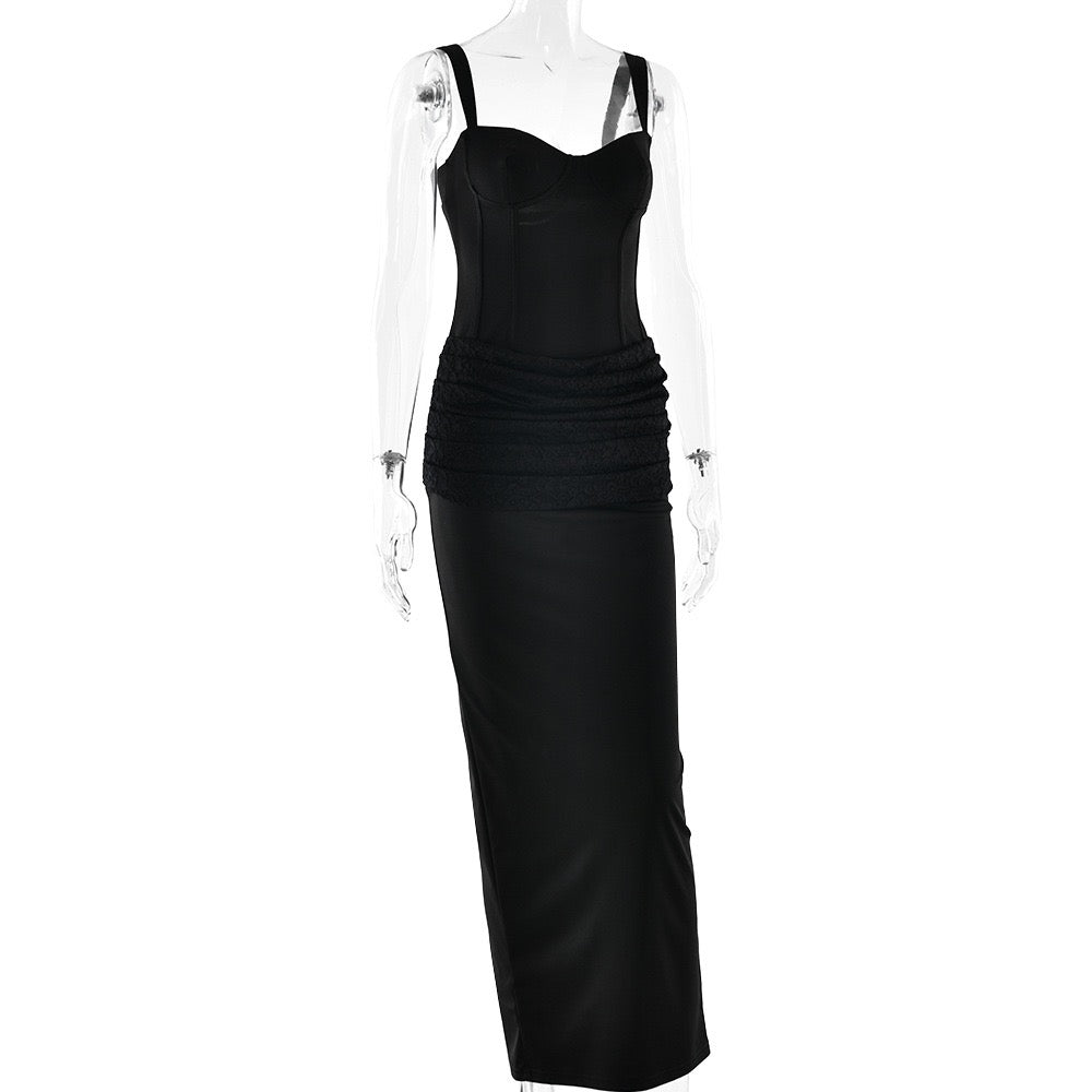 Fitted Maxi Dress in Shaping Fabric with Pleated Lace Design - BAR