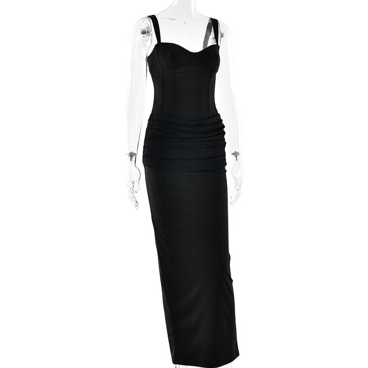 Fitted Maxi Dress in Shaping Fabric with Pleated Lace Design - BAR