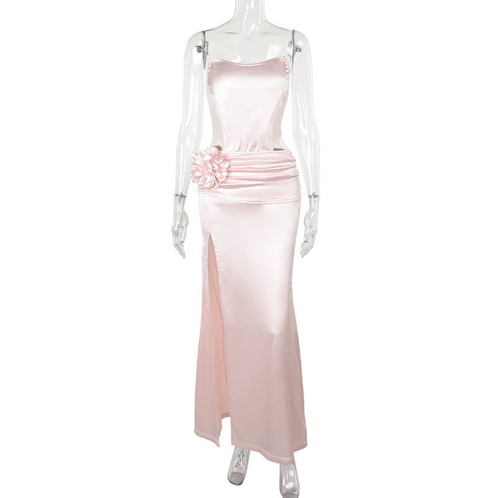 Strapless satin maxi dress with pleats and slit decorated with a flower - Joyce
