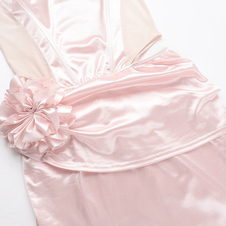 Strapless satin maxi dress with pleats and slit decorated with a flower - Joyce