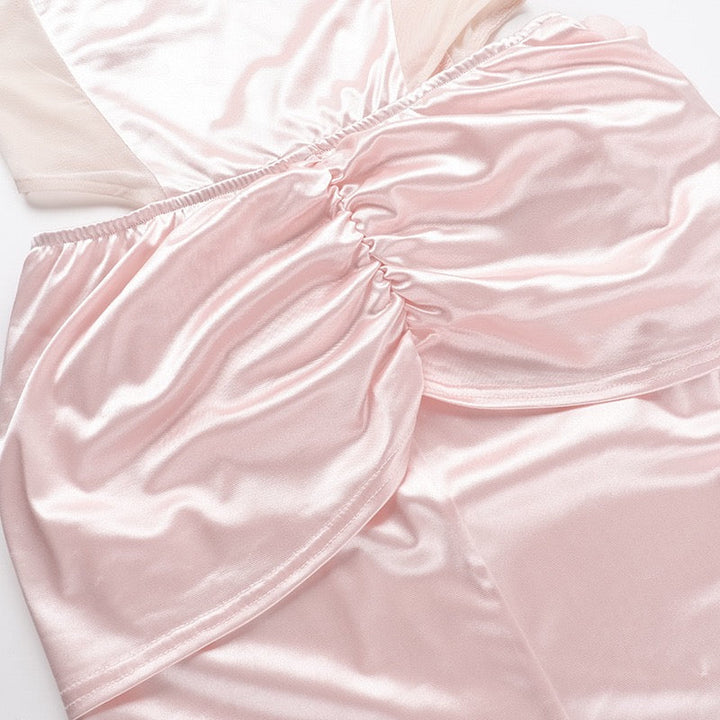 Strapless satin maxi dress with pleats and slit decorated with a flower - Joyce