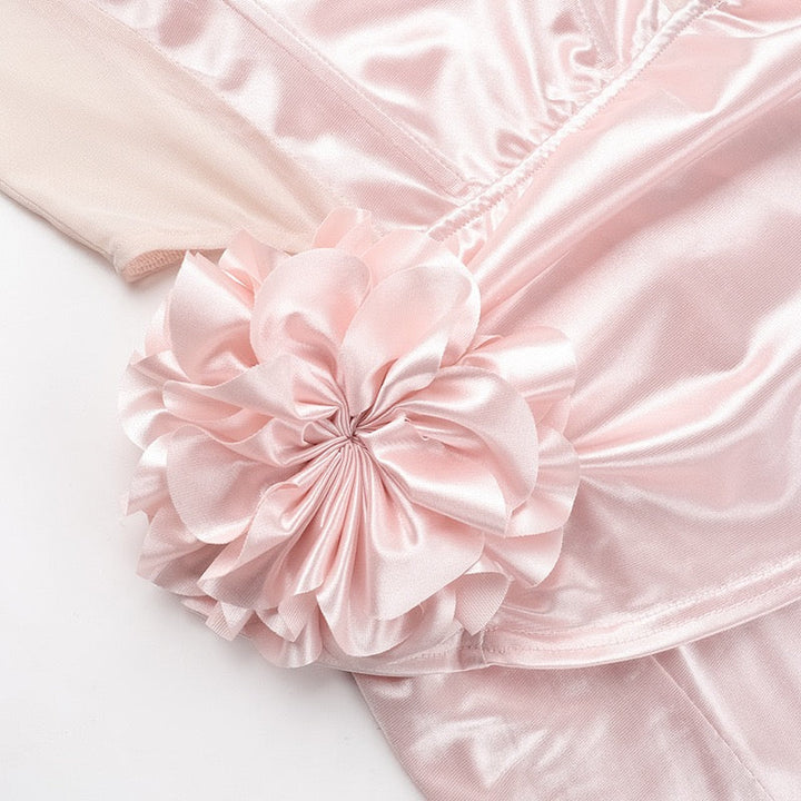 Strapless satin maxi dress with pleats and slit decorated with a flower - Joyce
