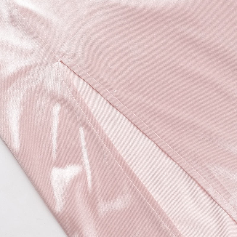 Strapless satin maxi dress with pleats and slit decorated with a flower - Joyce