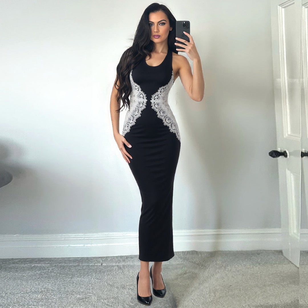 Elegant Maxi Dress with Lace Decoration and Open Back - CANDICE