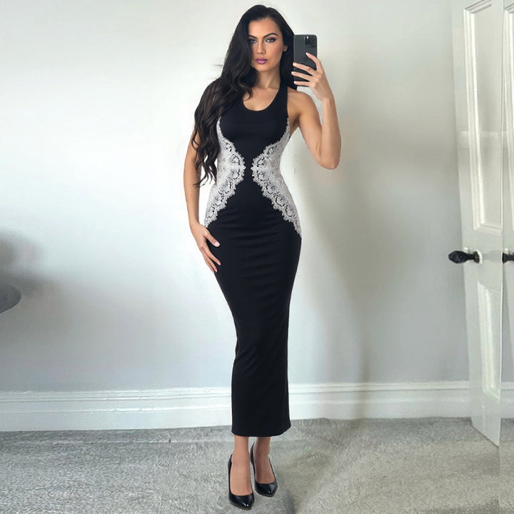 Elegant Maxi Dress with Lace Decoration and Open Back - CANDICE
