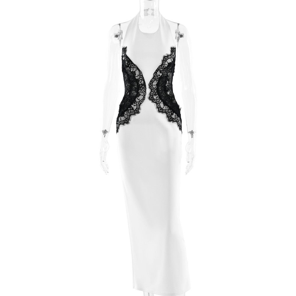Elegant Maxi Dress with Lace Decoration and Open Back - CANDICE