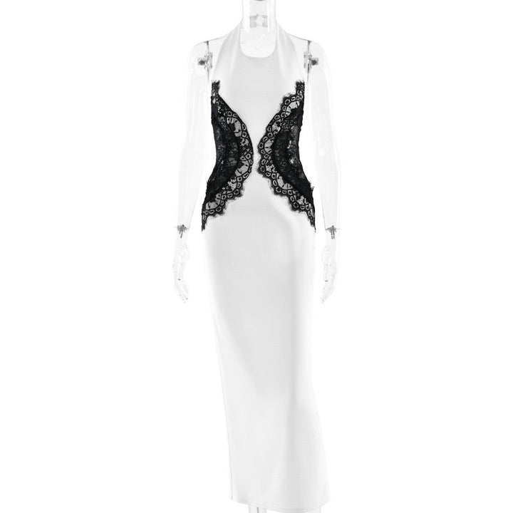 Elegant Maxi Dress with Lace Decoration and Open Back - CANDICE