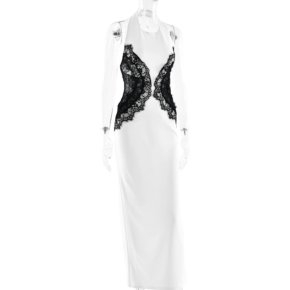 Elegant Maxi Dress with Lace Decoration and Open Back - CANDICE