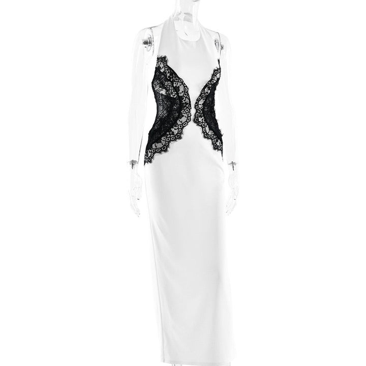 Elegant Maxi Dress with Lace Decoration and Open Back - CANDICE